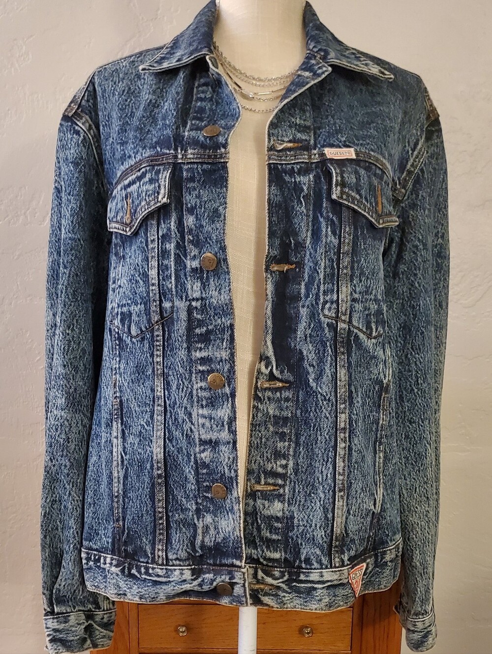 Vintage GEORGES MARCIANO for GUESS ACID WASH BLUE JEAN JACKET Large Made In USA